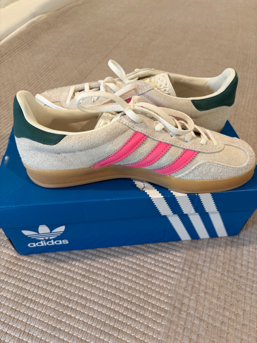 adidas Cream Suede Sneakers with Pink Stripes and Green Heel